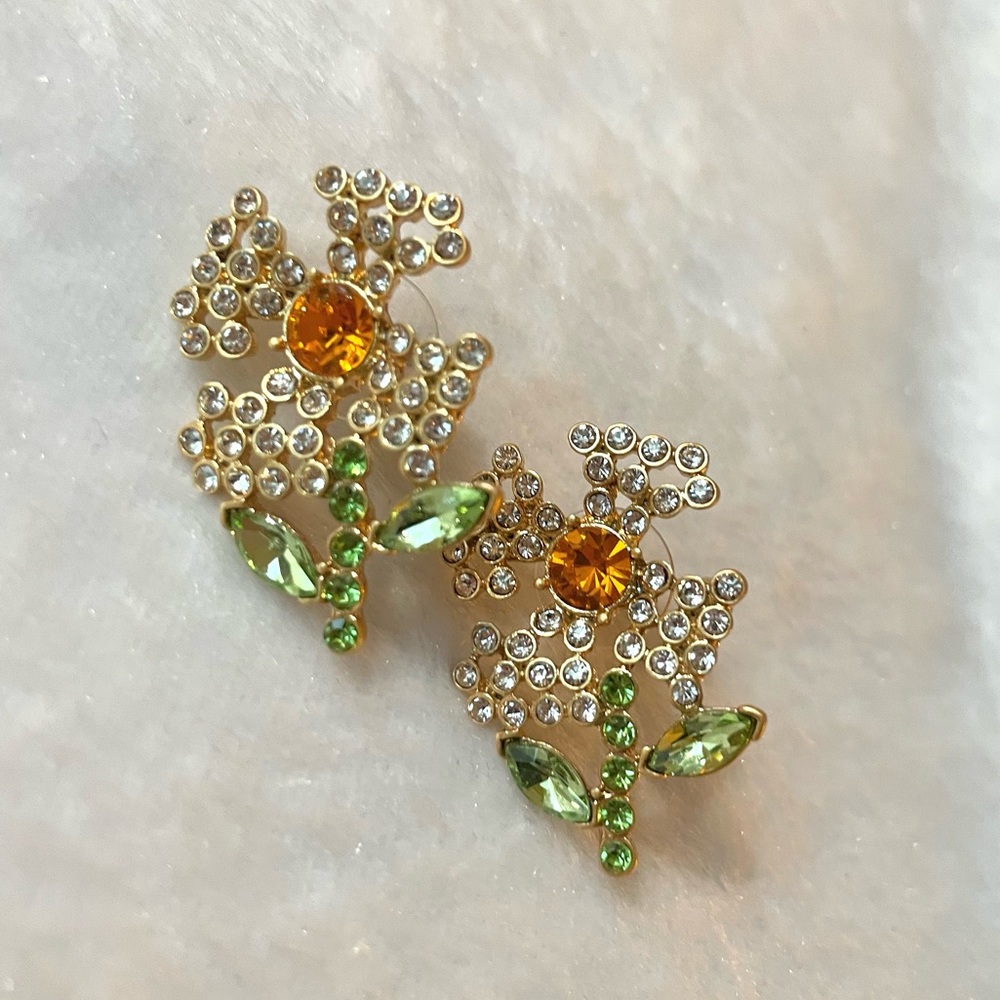 Oscar de la Renta Gold-Tone Floral Earrings with Yellow and Green Stones